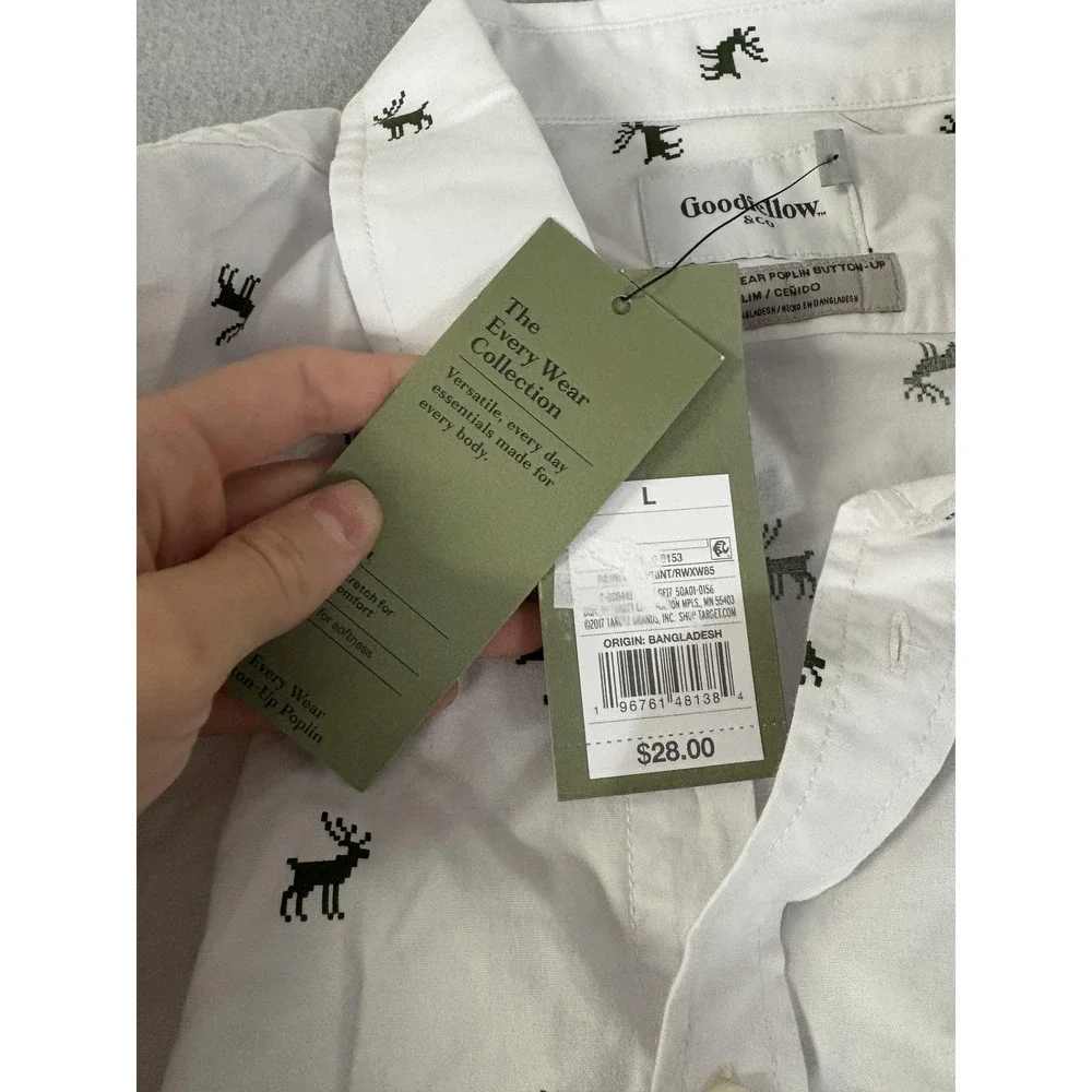 Goodfellow & Co Shirt Mens Large White Every Wear Poplin Slim Fit Deer Print‎